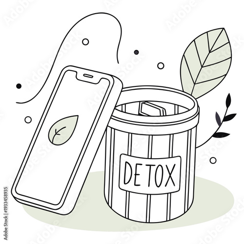 Smartphone with leaf icon next to trash bin labeled DETOX symbolizing digital detox and mental wellness