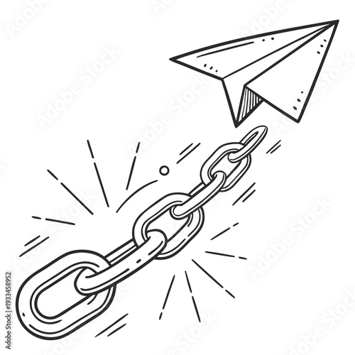Paper airplane flying upward breaking free from metal chain symbolizing overcoming limitations and freedom