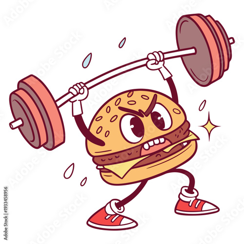 Funny cartoon hamburger character struggling to lift heavy barbell demonstrating ironic strength training concept