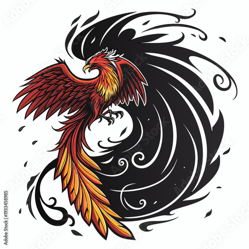 Majestic fiery phoenix rising from swirling dark shadows with vibrant red and yellow plumage symbolizing rebirth