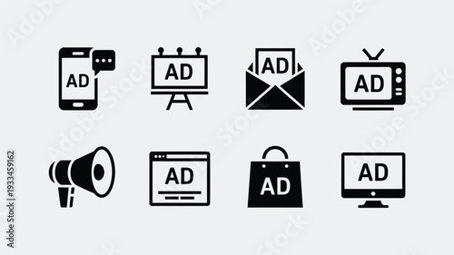 A set of black and white advertising icons in a minimalist line art style, featuring various media channels, vector illustration