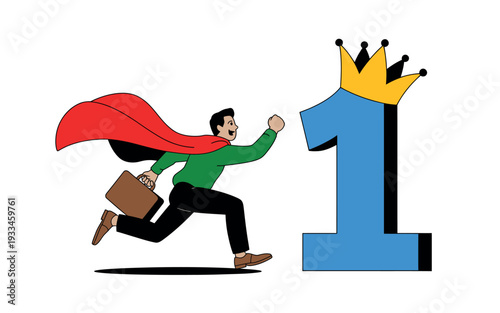 A cartoon businessman in a red cape runs towards a large blue number one with a gold crown on top, symbolizing success and achievement.