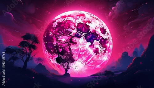 a vibrant pink full moon glowing brightly against a dark backdrop