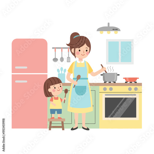 Mother and Daughter Cooking Together in Kitchen.
