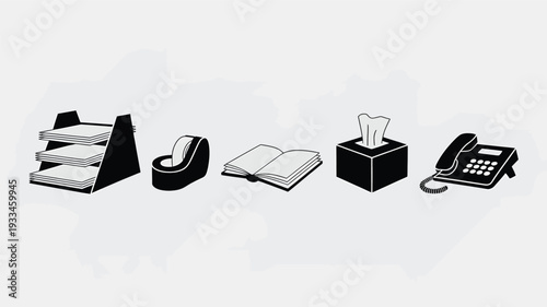 A simple, elegant line art illustration featuring office essentials including a paper tray, stapler, notebook, tissue box, and telephone, perfect for business and workspace designs.