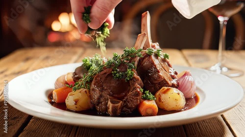 Wallpaper Mural Gourmet dish of roasted meat and vegetables on white plate near wine glass Torontodigital.ca