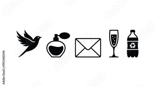 A simple, elegant line art illustration showcasing a bird in flight alongside perfume, an envelope, a champagne glass, and a recyclable plastic bottle, ideal for design and commercial use.