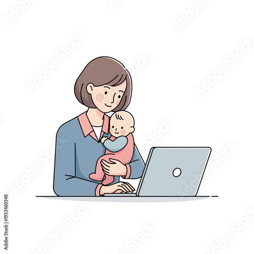 Mother Working on Laptop with Baby.