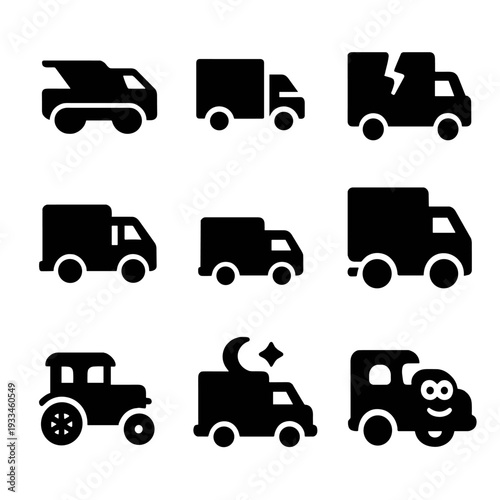 Simple icons of delivery trucks and vehicles on gradient background