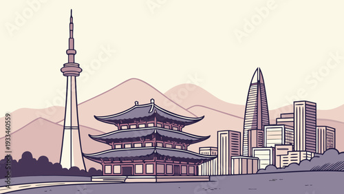 East Asian Cityscape Blending Traditional Pagoda Architecture with Modern Skyscraper Tower and Mountain Backdrop seoul skyline vector