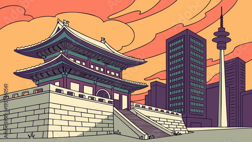 Traditional Asian Gate Structure Contrasting Modern Cityscape with Tall Buildings and Sunset Sky seoul skyline vector