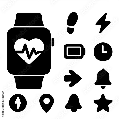 Smartwatch interface icons featuring heartbeat, clock, location, weather, and fitness