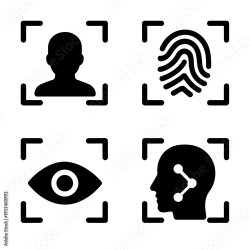 Biometric security icons: fingerprint, facial recognition, eye scan, ai analysis