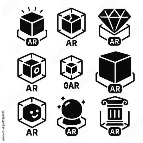 Augmented reality icons: cube, diamond, and gadgets on dark background
