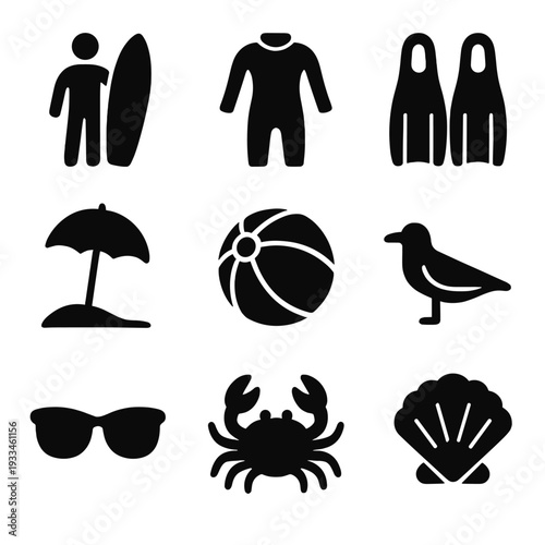 Beach vacation icons featuring surfboard fins crab and shell silhouettes
