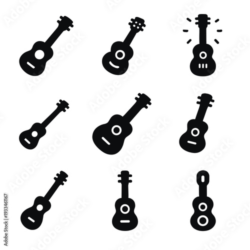 Set of guitar icons on dark background: music and instrument silhouettes collection