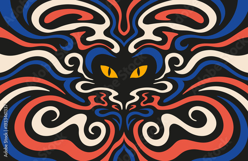 Black psychedelic background with fluid, swirling lines and vivid glowing cat eyes at the center. Hypnotic abstract design with vibrant colors, mystical atmosphere, and surreal fantasy mood.