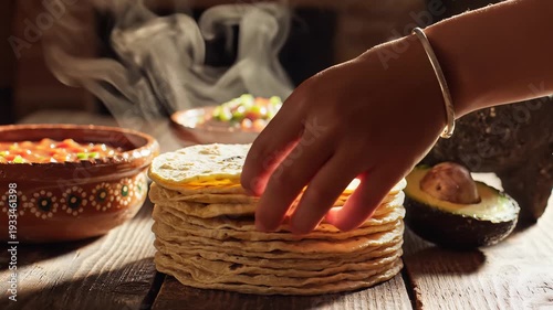 Wallpaper Mural Stack of freshly made tortillas with appetizing sides and ingredients Torontodigital.ca