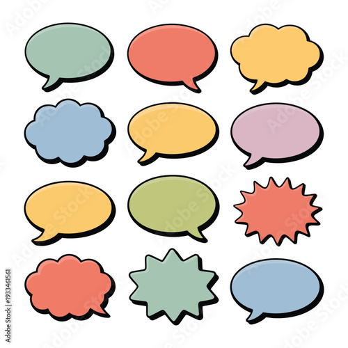 Fotografía Colorful Dialogues: A vibrant collection of speech bubbles in a variety of shapes and pastel hues, perfect for expressing ideas, thoughts, and conversations
