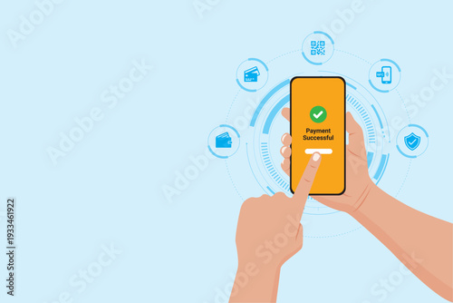 Contactless mobile payment concept with user interaction and NFC transaction interface. Illustration symbolizes quick checkout process, digital wallet usage and modern cashless lifestyle.