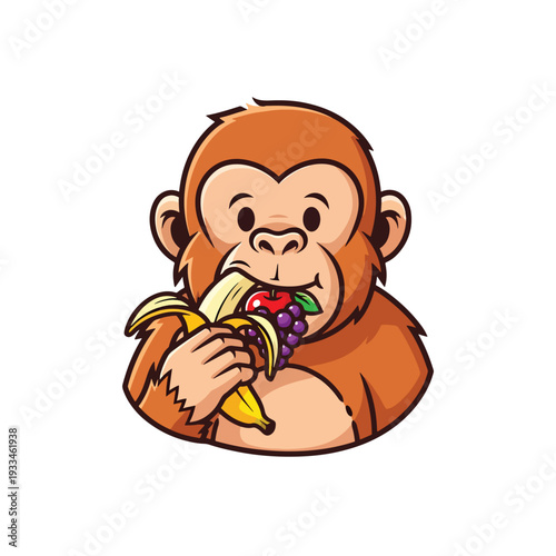 Playful cartoon monkey happily enjoying a healthy mix of fresh fruit, vector graphic.