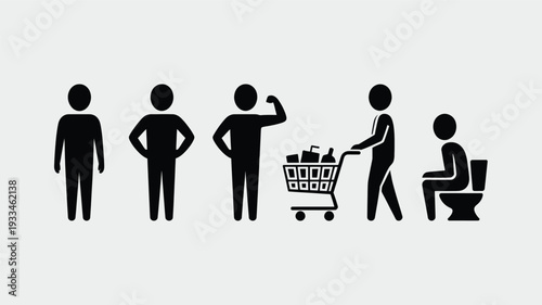 A minimalist vector illustration featuring a series of black silhouettes depicting people shopping and relaxing, conveying a sense of everyday life and consumerism in a simple flat design.