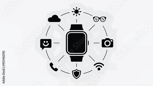 A minimalist monochromatic graphic design featuring a smartwatch surrounded by connected icons, representing technology and innovation in a modern, sleek style.