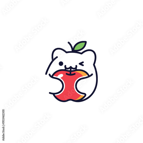 Charming Cartoon Animal Character Happily Enjoying a Fresh Apple, Simple Vector Illustration