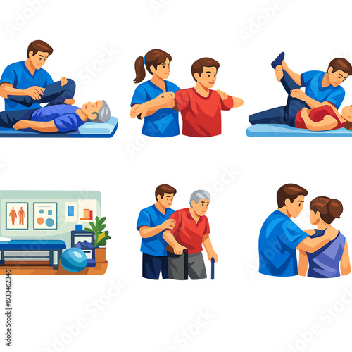 Diverse physiotherapy sessions and rehabilitation routines in healthcare setting