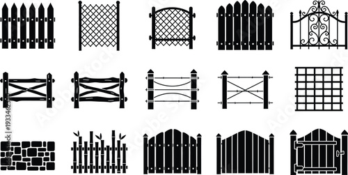 Collection of various fence and gate silhouettes for architectural design and landscaping projects