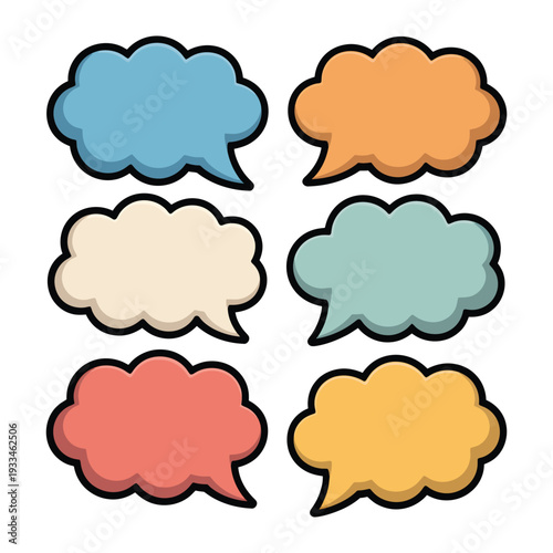 Colorful Cloud of Communication: A collection of six vibrant speech bubbles in diverse pastel hues, ready to convey thoughts, ideas, and dialogues.
