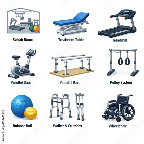 Rehabilitation equipment set: treadmill, exercise bike, walker, parallel bars