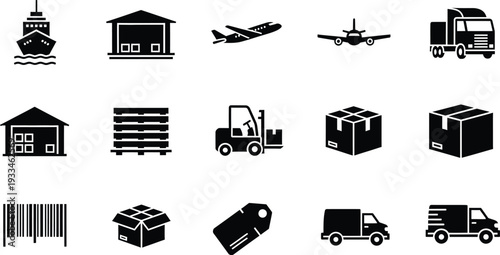 Logistics and transportation icons representing supply chain management and delivery services.