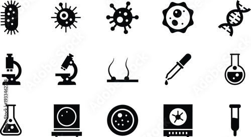 Set of black and white icons representing microbiology, laboratory tools, and biological research.
