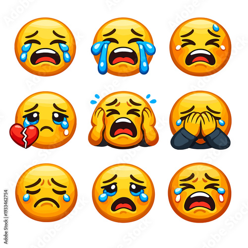 Emotional emoji faces expressing sadness, tears, and heartbreak