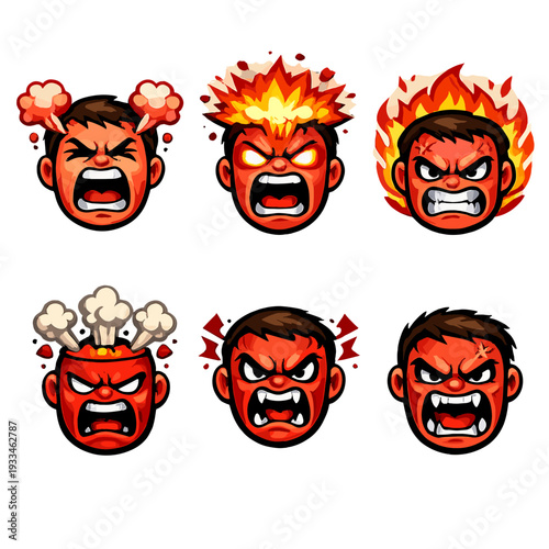 Expressive angry faces: cartoon characters with fiery rage emotions