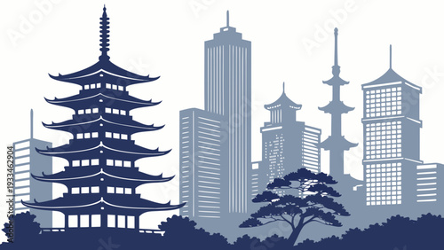 Traditional Pagoda Architecture Contrasts Modern High Rise City Skyline Silhouette in Blue Tones shanghai skyline vector