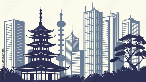 Traditional Pagoda Structure Against Modern High Rise Buildings Skyline Architectural Contrast in East Asia Urban Scene shanghai skyline vector