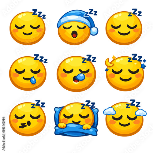 Cute sleeping emoji collection with different faces and nighttime accessories