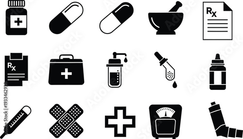 Collection of black and white pharmacy and medical icons for healthcare design projects