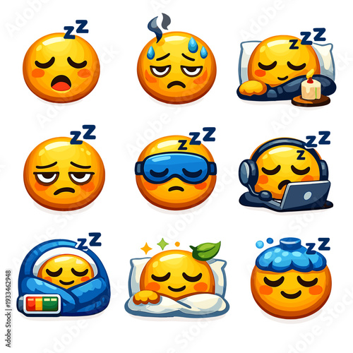 Cartoon emojis expressing sleepy and relaxed moods with cute expressions