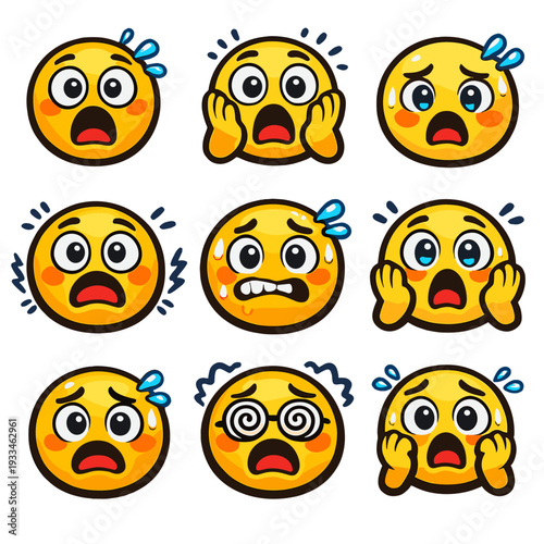Set of nine cartoon emoji faces showing varied expressions of shock and surprise