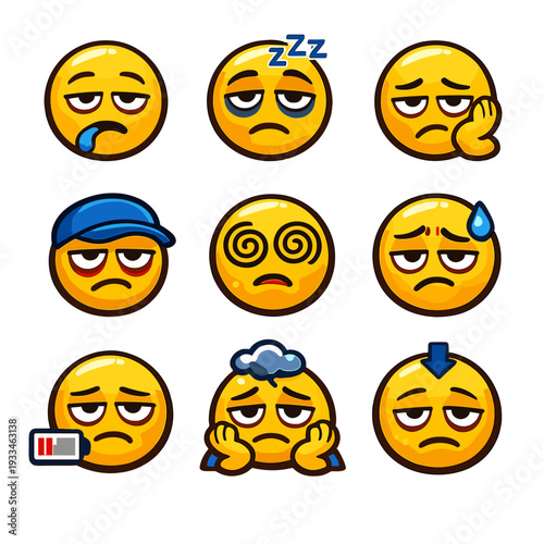 Set of tired yellow emoji icons with various sleepy and exhausted expressions