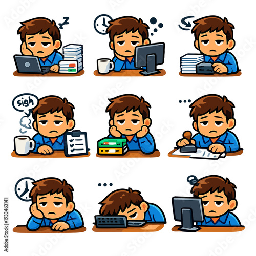 Exhausted office worker illustrations conveying stress and fatigue in workplace