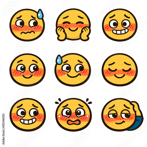 Cute emoji set expressing various emotions with blushing faces on brown background