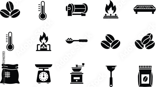 A collection of black and white icons representing the coffee roasting and brewing process.