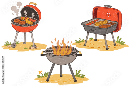 Barbecue grill set with charcoal bbq and picnic cooking in childlike hand drawn style