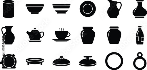 Collection of black silhouette icons representing various kitchenware and pottery items on white background.