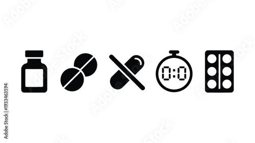 A set of sleek, black vector icons depicting a medicine bottle, pills, a crossed pill, a stopwatch, and a blister pack on a clean white background, conveying health and time management.
