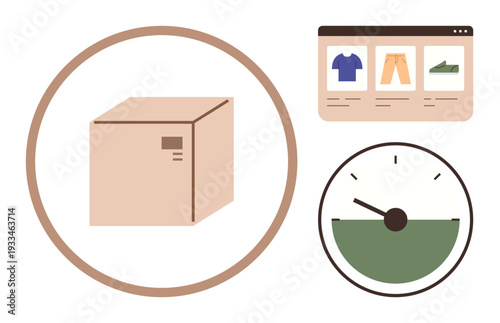 E-commerce, delivery services, online shopping, logistics, fast shipping, business operations. Box, web page with items and delivery speed gauge. E-commerce and delivery services